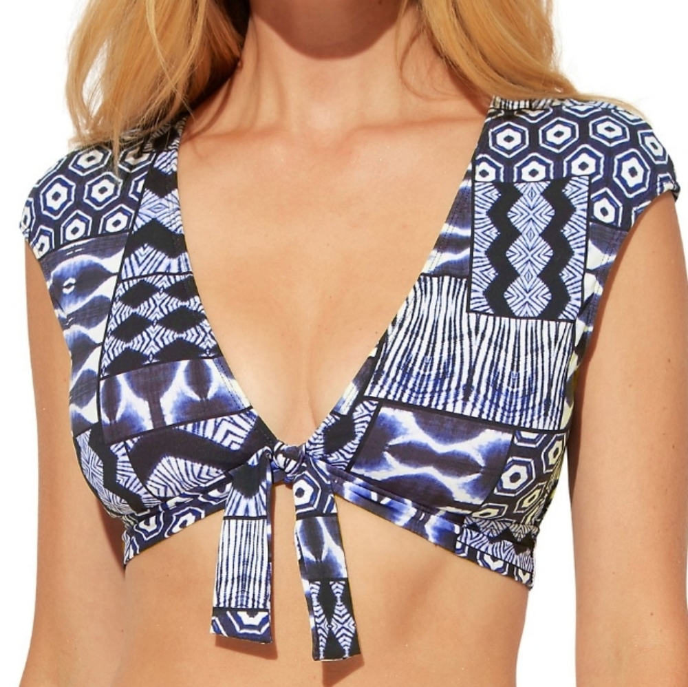 BLEU ROD BEATTIE M21199 Island Time Tie Front Cap Sleeve Crop Swim Top